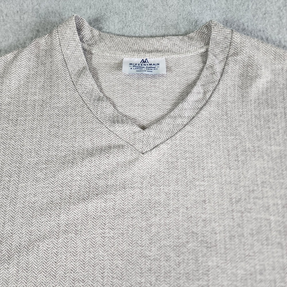 Mizzen + Main V Neck Sweater Mens XL Gray Trim Fit Herringbone Pullover